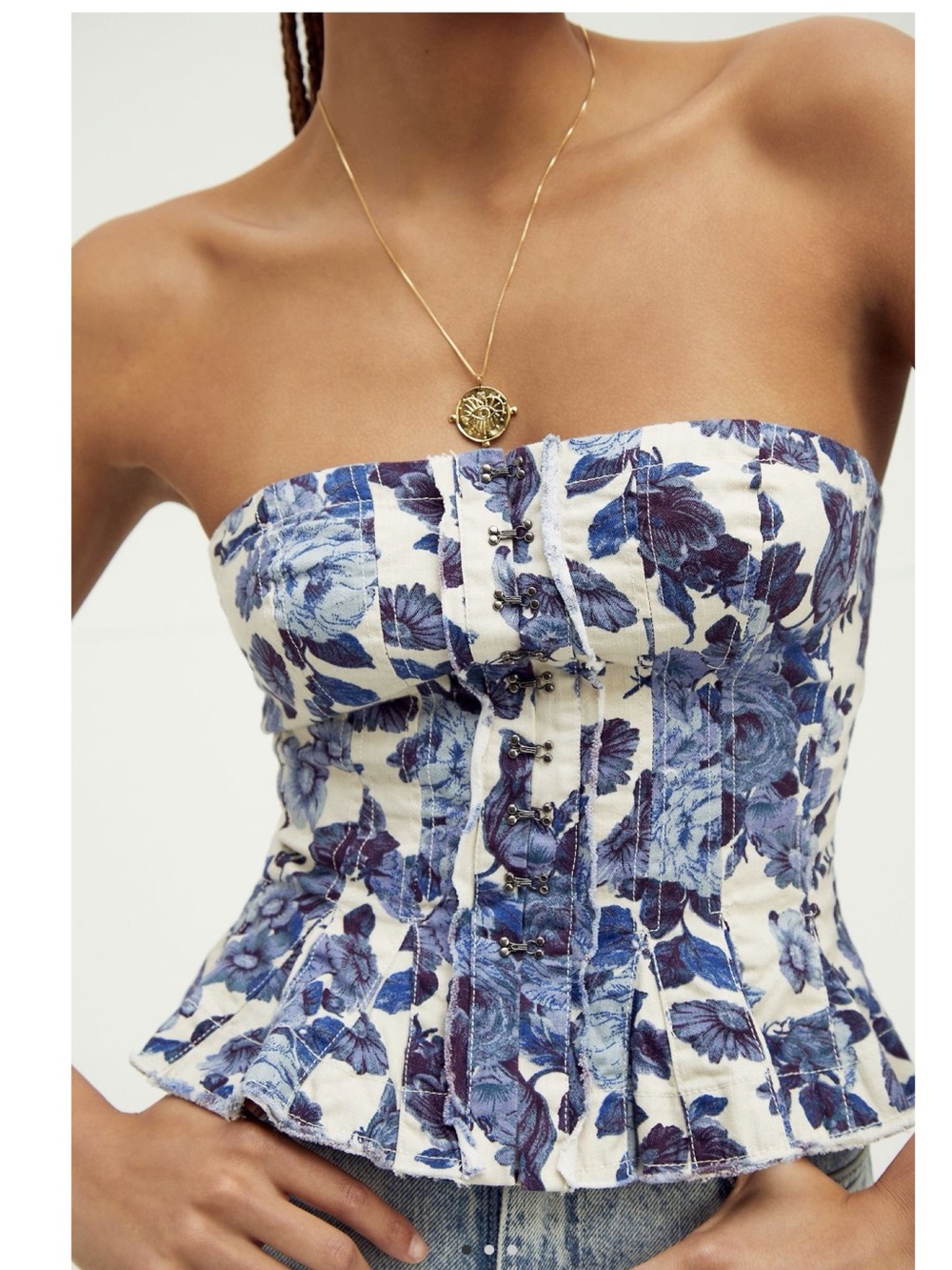 Free People Floral Corset Bustier Hook & Eye Peplum Top Blue Ivory Small